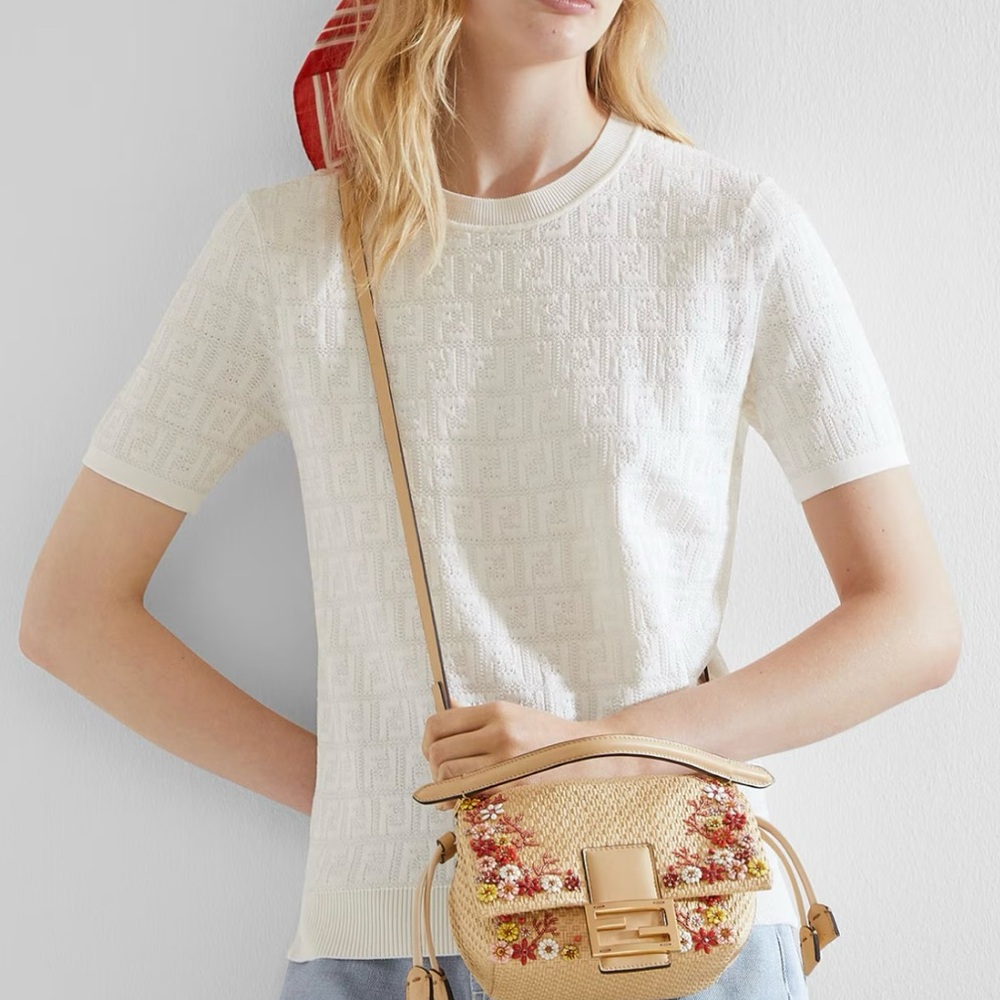 Fendi White Textured Knit Top - White FF viscose & cotton short sleeve knit top